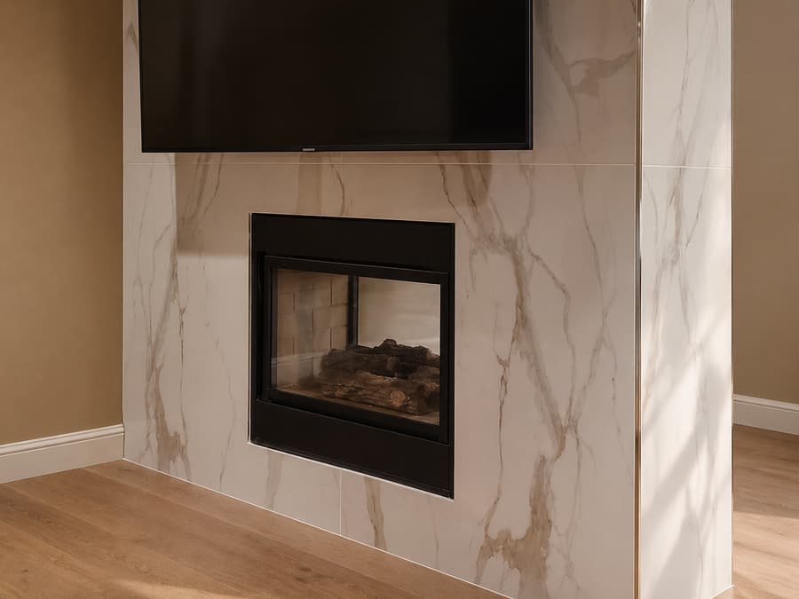 Fireplace surround and feature wall tile installation by The Tile Factor